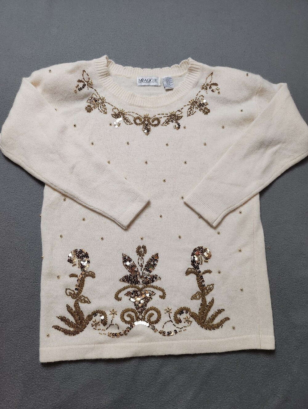 Vintage Maggie Jana Cream Sequin Embellished Lambswool Angora Sweater S/P